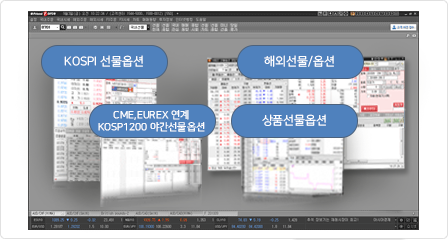 HTS KOSPI 선물옵션, CME, EUREX 연계 KOSPI200 야간선물옵션, 해외선물/옵션, FX마진, 상품선물옵션 예시화면